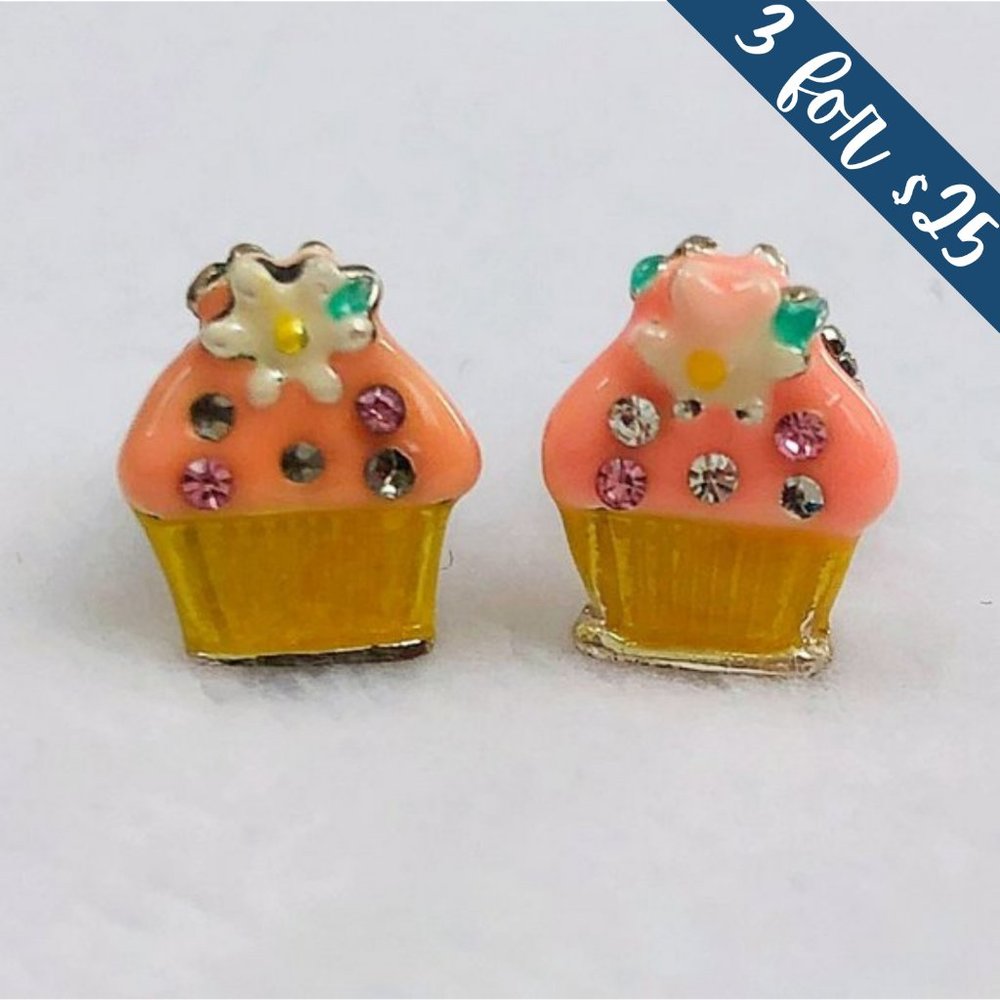 $5 CLEARANCE! Floral Cupcake Rhinestone Enamel Earrings 🧁 - Picture 1 of 13
